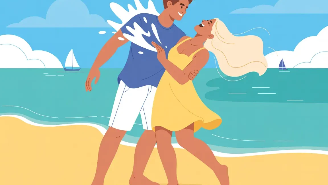ilustración pareja junta feliz en la playa
