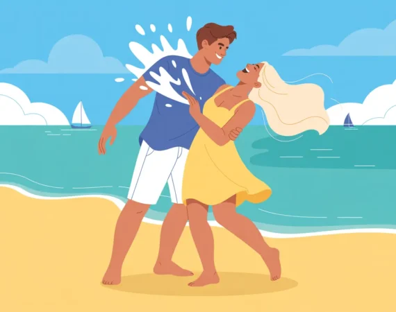 ilustración pareja junta feliz en la playa