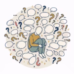 Ilustración conceptual de una figura rodeada de bocadillos vacíos, representando el bucle mental de la ansiedad