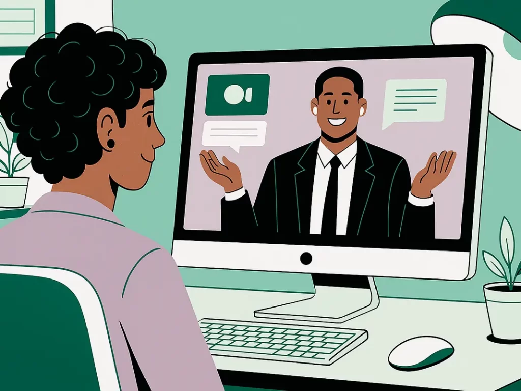 formacion-online-psicologia-sexologia-estudiante-clase Mujer joven siguiendo una clase online de psicología y sexología en su computadora con un instructor explicando