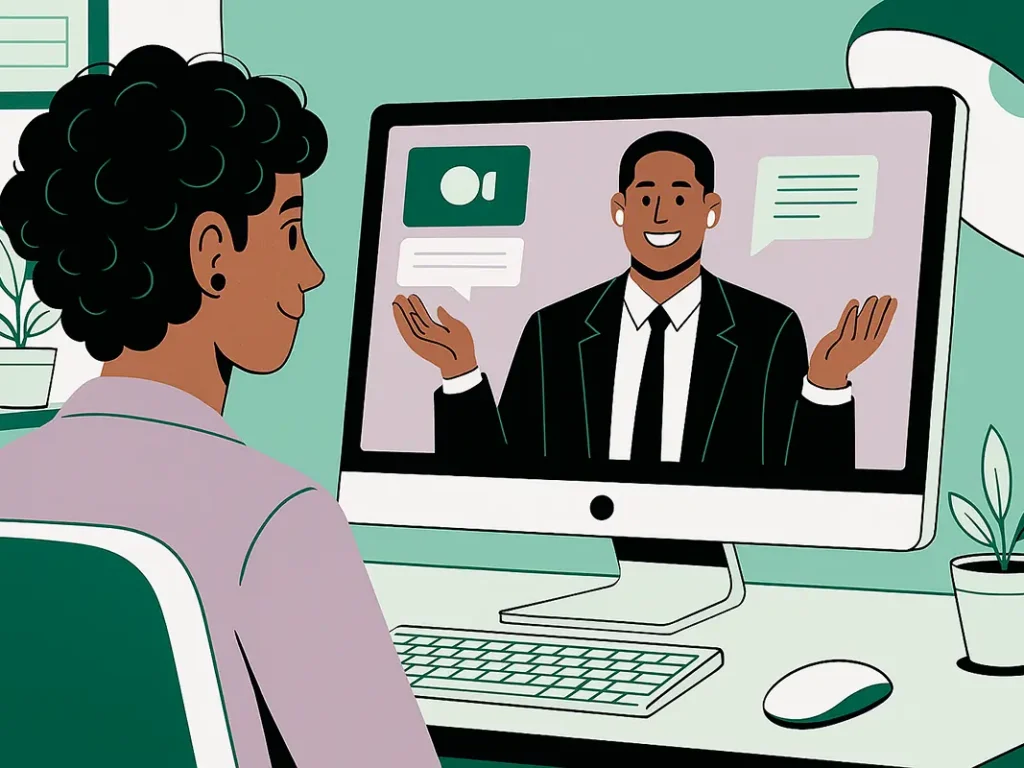 Mujer joven siguiendo una clase online de psicología y sexología en su computadora con un instructor explicando