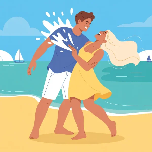 ilustración pareja junta feliz en la playa