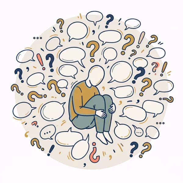 Ilustración conceptual de una figura rodeada de bocadillos vacíos, representando el bucle mental de la ansiedad